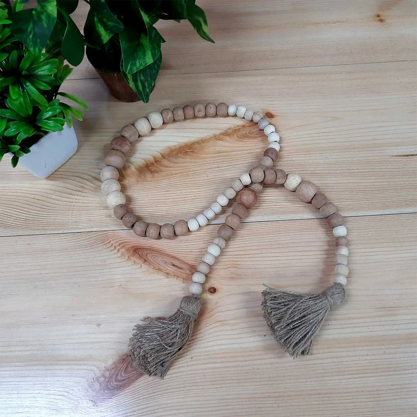 Avioni Home Boho Collection – Handmade Jute Fringed Garland With Wooden Beads Mixed Color – 112 cm
