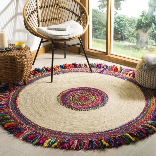 Avioni Home Eco Collection – Handwoven Round Jute With Chindi Flares Carpet – Handmade Braided Area Rug
