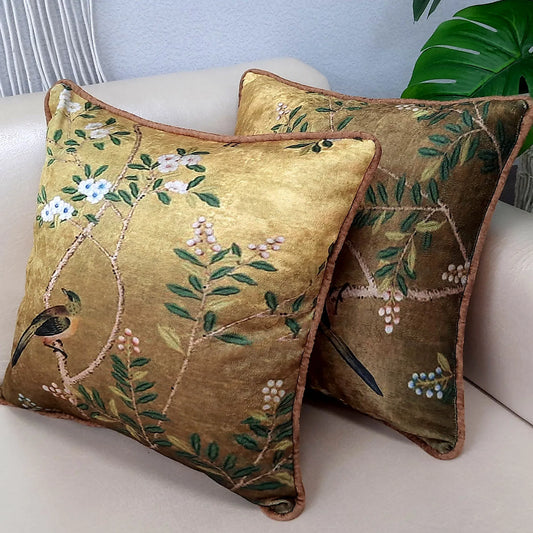 Cushion Cover with Filler – Bird on Floral Branch Golden Beautiful Design – 40cm x 40cm – Set of 2