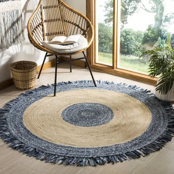 Avioni Home Eco Collection – Round Denim & Jute Designer Carpet – Handmade Braided Area Rugs