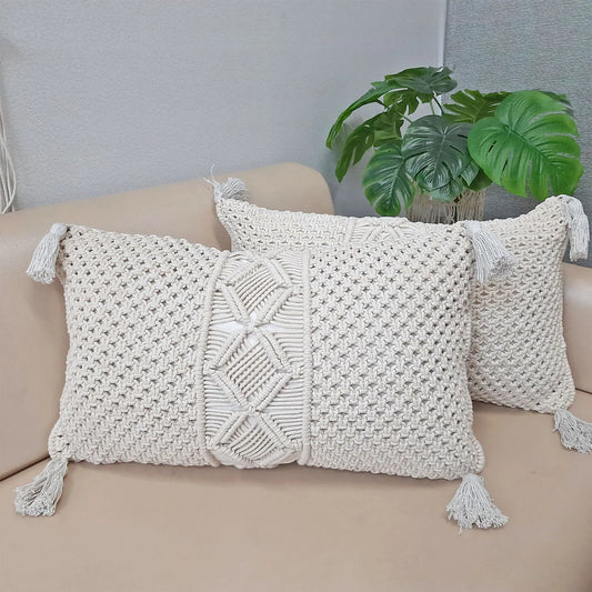 Bohemian Style Hand Knotted Macrame Cushion Covers 100% Bleached Cotton- 16X24 Inch (~40×60 cms) -Set of Two