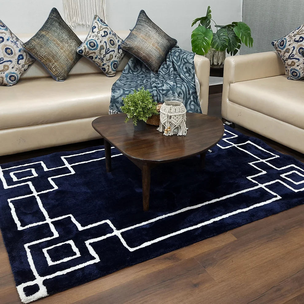 Avioni Atlas Collection- Navy Blue/White -Different Sizes Shaggy Fluffy Rugs and Carpet for Living Room