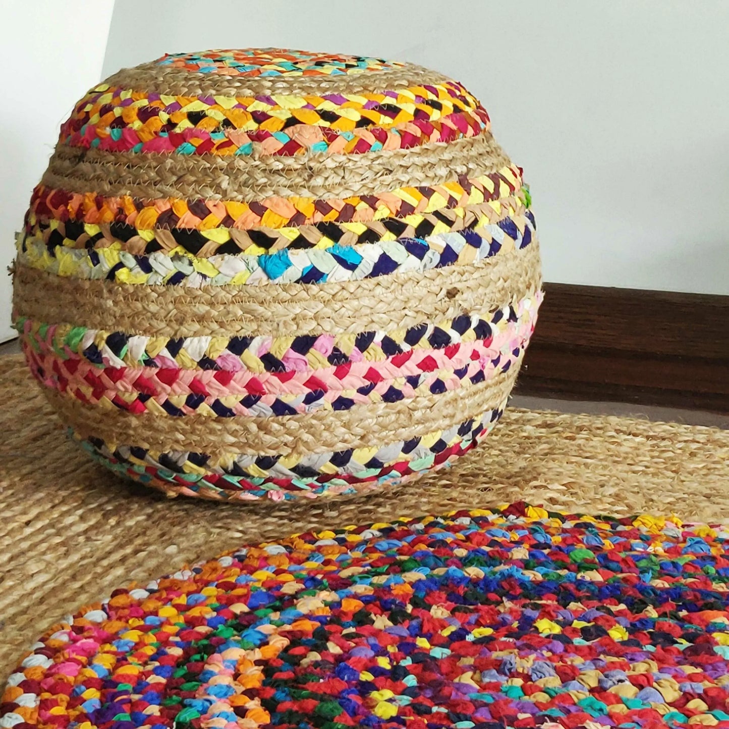 Avioni Home Eco Collection – Boho Style Braided Multi Chindi & Natural Jute Pouf