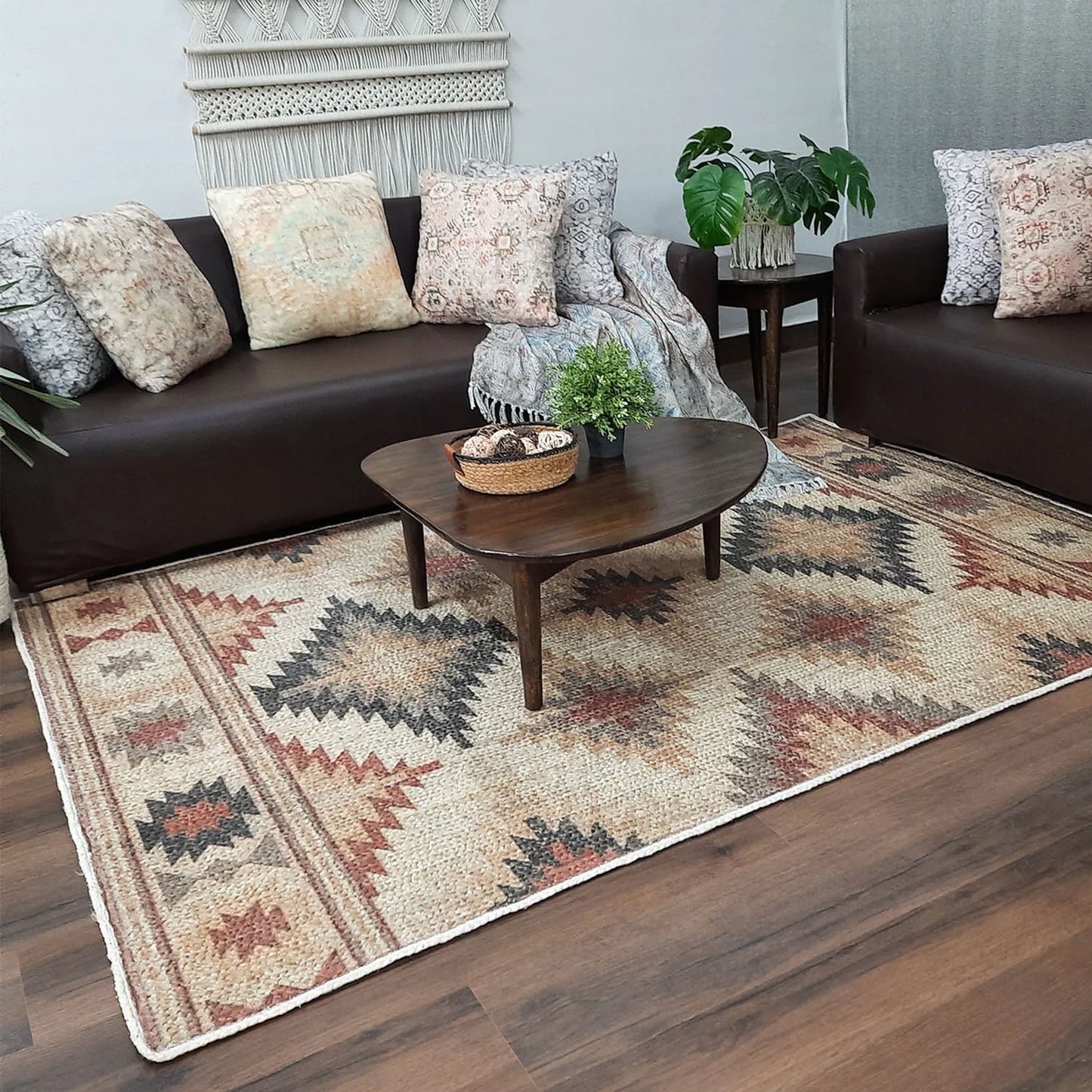 Avioni Kilim Design Southwestern Inspired Natural Jute Rug with Cotton Backing