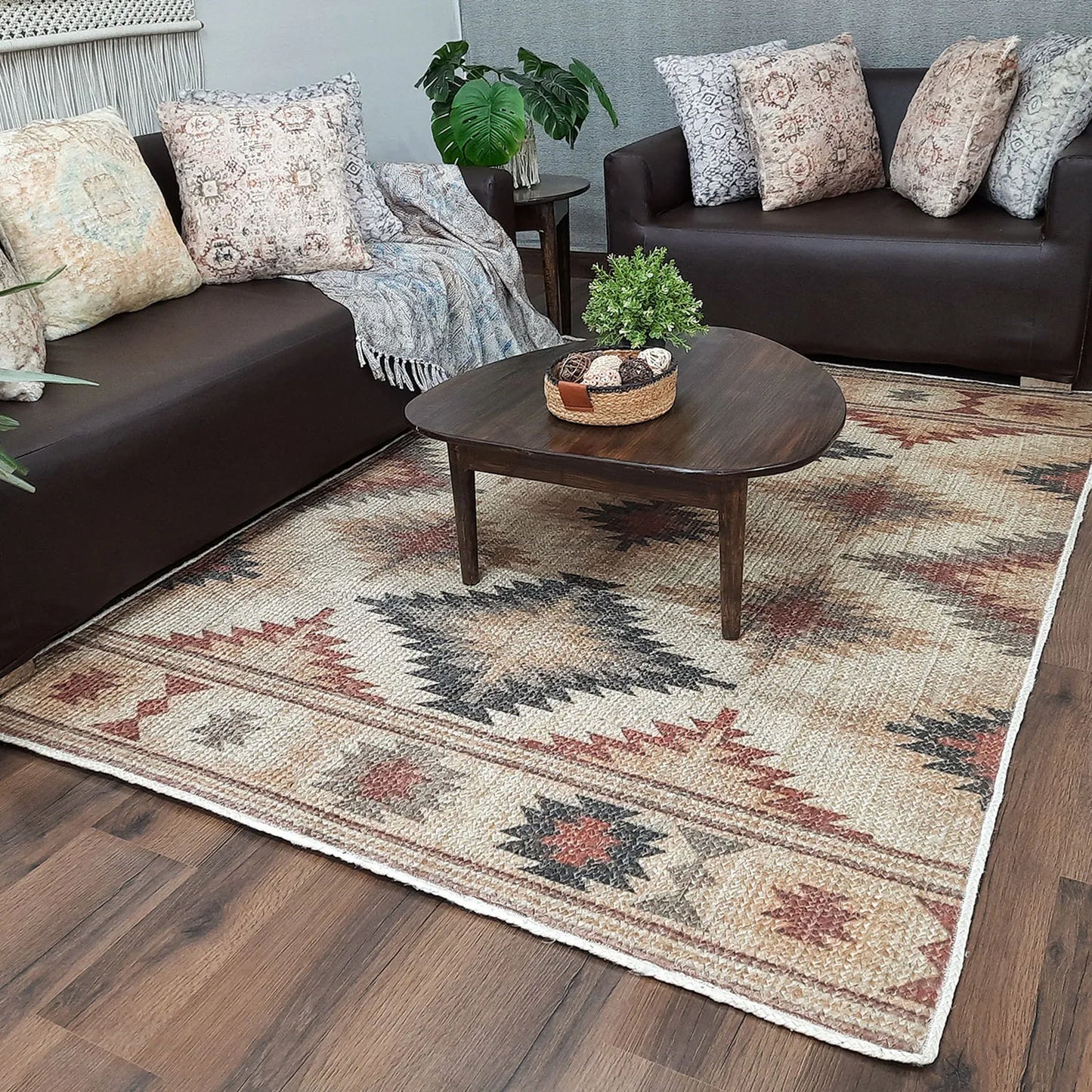 Avioni Kilim Design Southwestern Inspired Natural Jute Rug with Cotton Backing