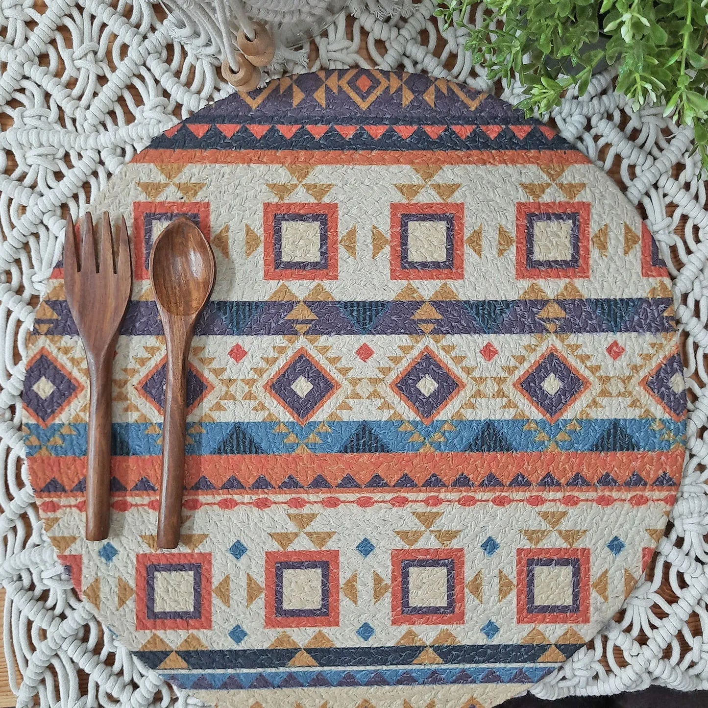 All Natural Round Cotton Braided Placemats – Tribal Motif