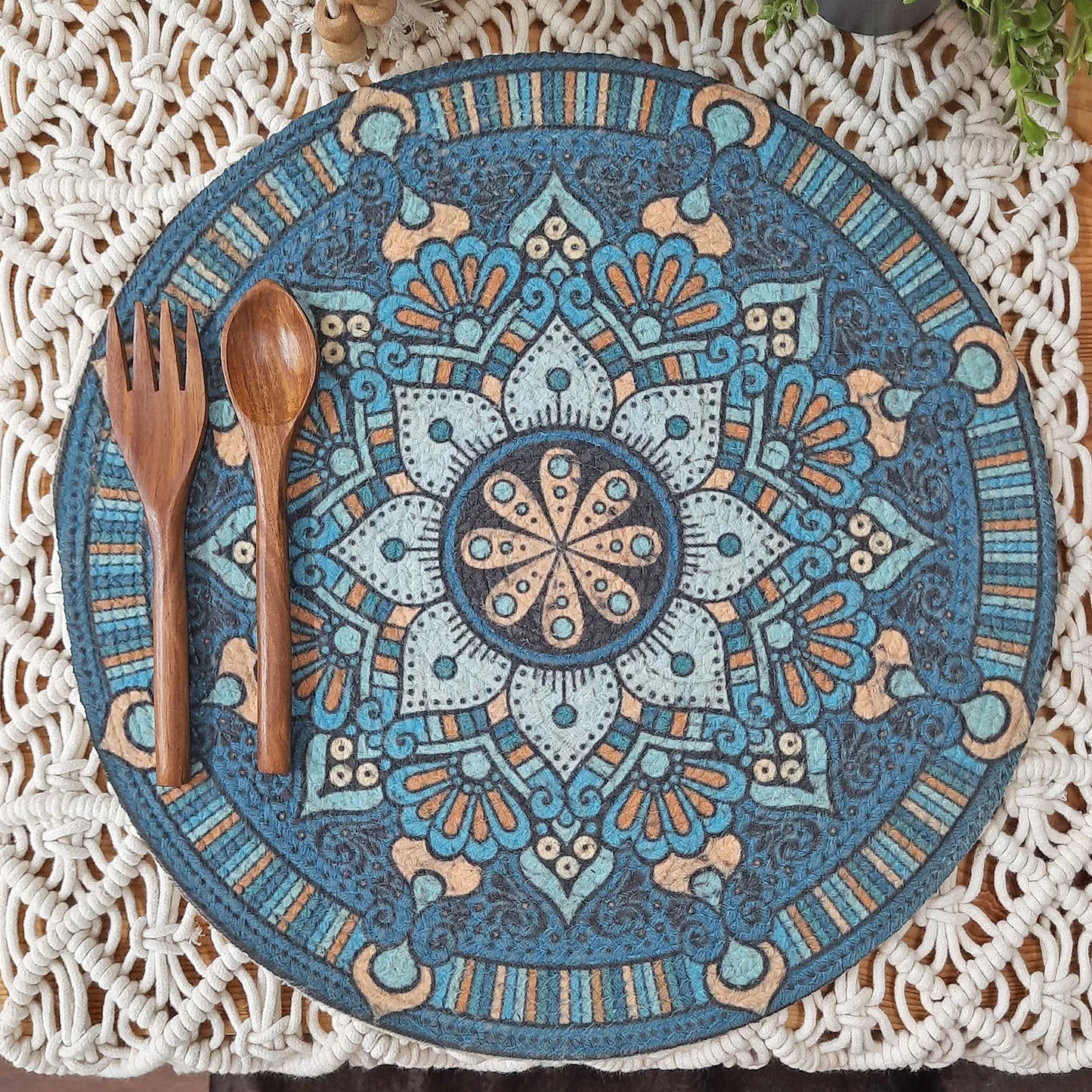 All Natural Round Cotton Braided Placemats – Blue Ethnic Art