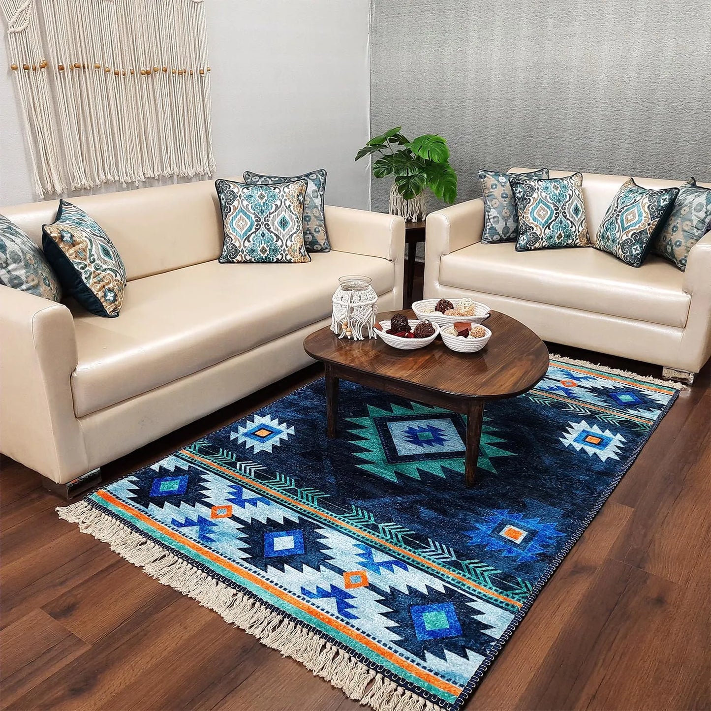 Avioni Home Faux Silk Carpet For Living Room – Ethnic Tribal Design Premium Rug Blue