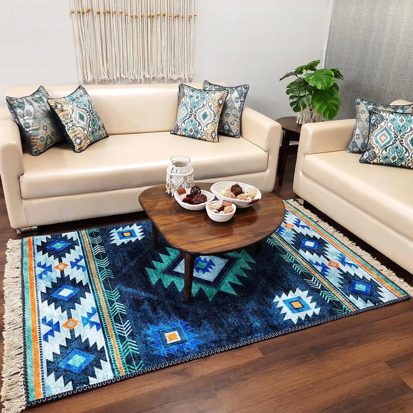 Avioni Home Faux Silk Carpet For Living Room – Ethnic Tribal Design Premium Rug Blue
