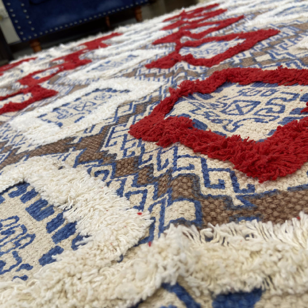 Avioni Home Boho Look Cotton Printed & Tufted Dhurrie – Blue With Red Diamonds