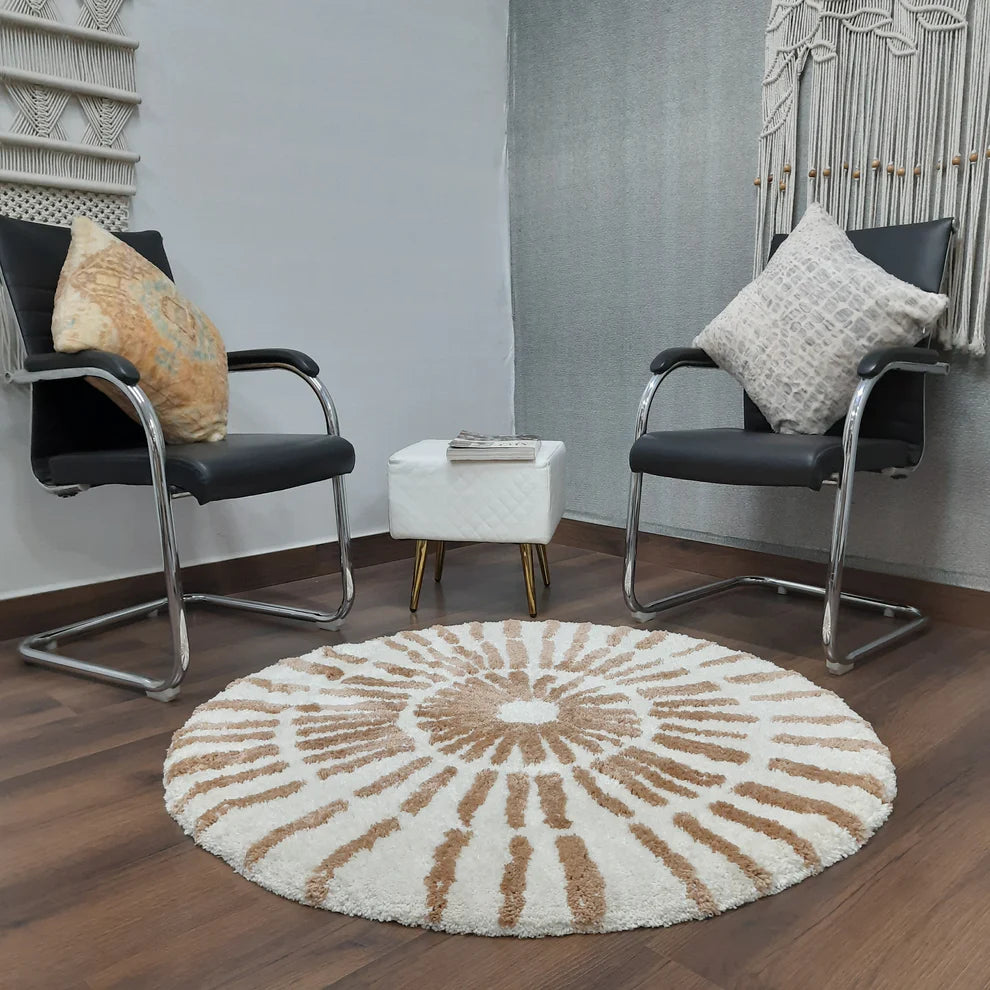 Avioni Home Atlas Collection - Modern Plush Soft Round Shaggy Carpet In Beige & White| Soft, Easy to Clean