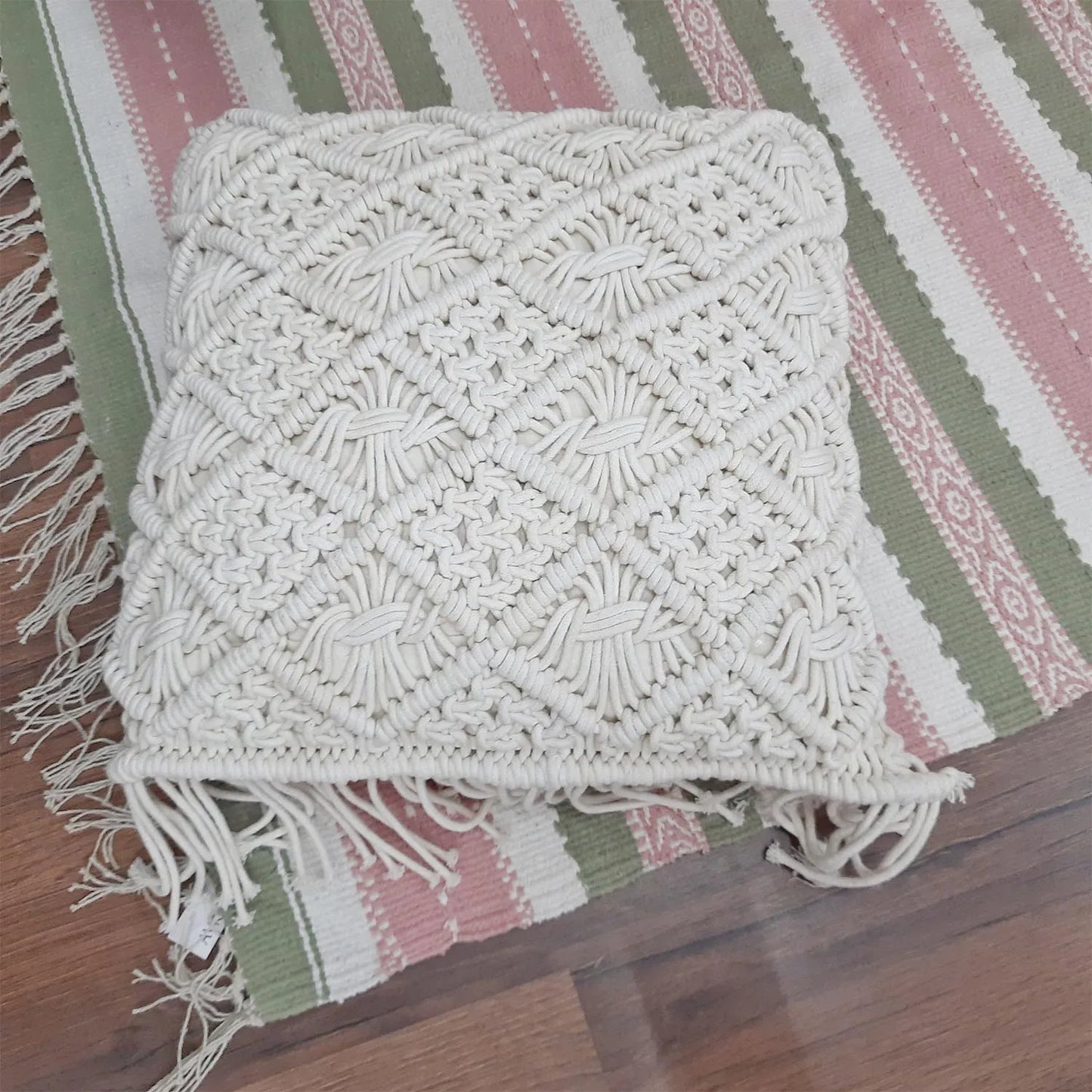 Bohemian Style Hand Knotted Macrame Cushion 100% Bleached Cotton With Filler- 18X18 Inch (45×45 cms)