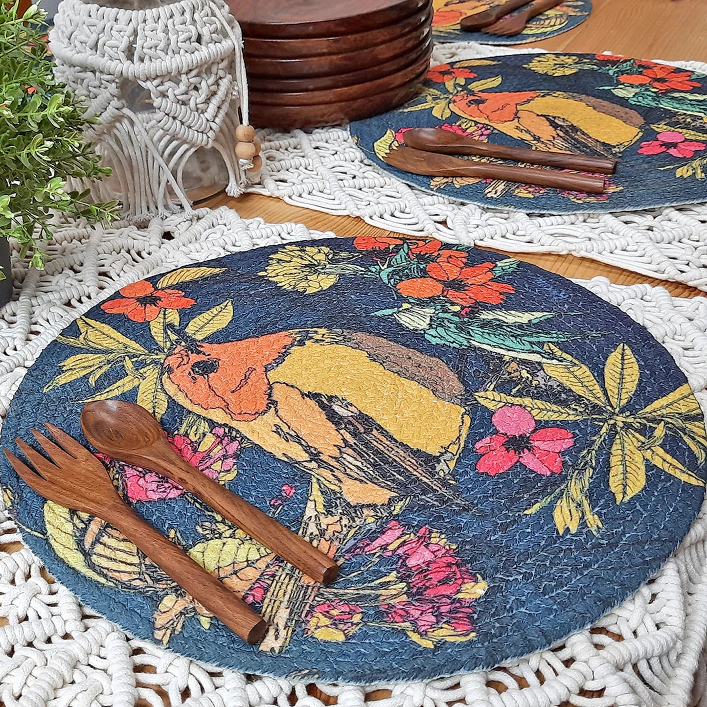 All Natural Round Cotton Braided Placemats – Bird On Branch