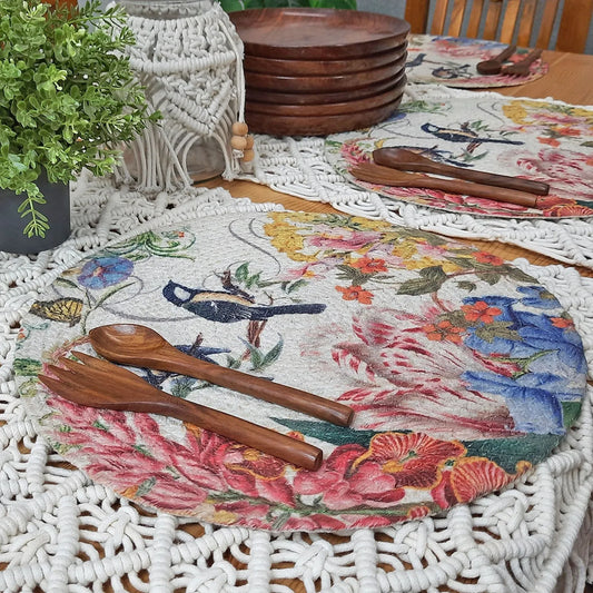 All Natural Round Cotton Braided Placemats – Bird & Butterfly