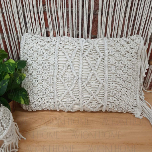 Bohemian Style Hand Knotted Macrame Cushion 100% Bleached Cotton With Filler – 30×50 cms