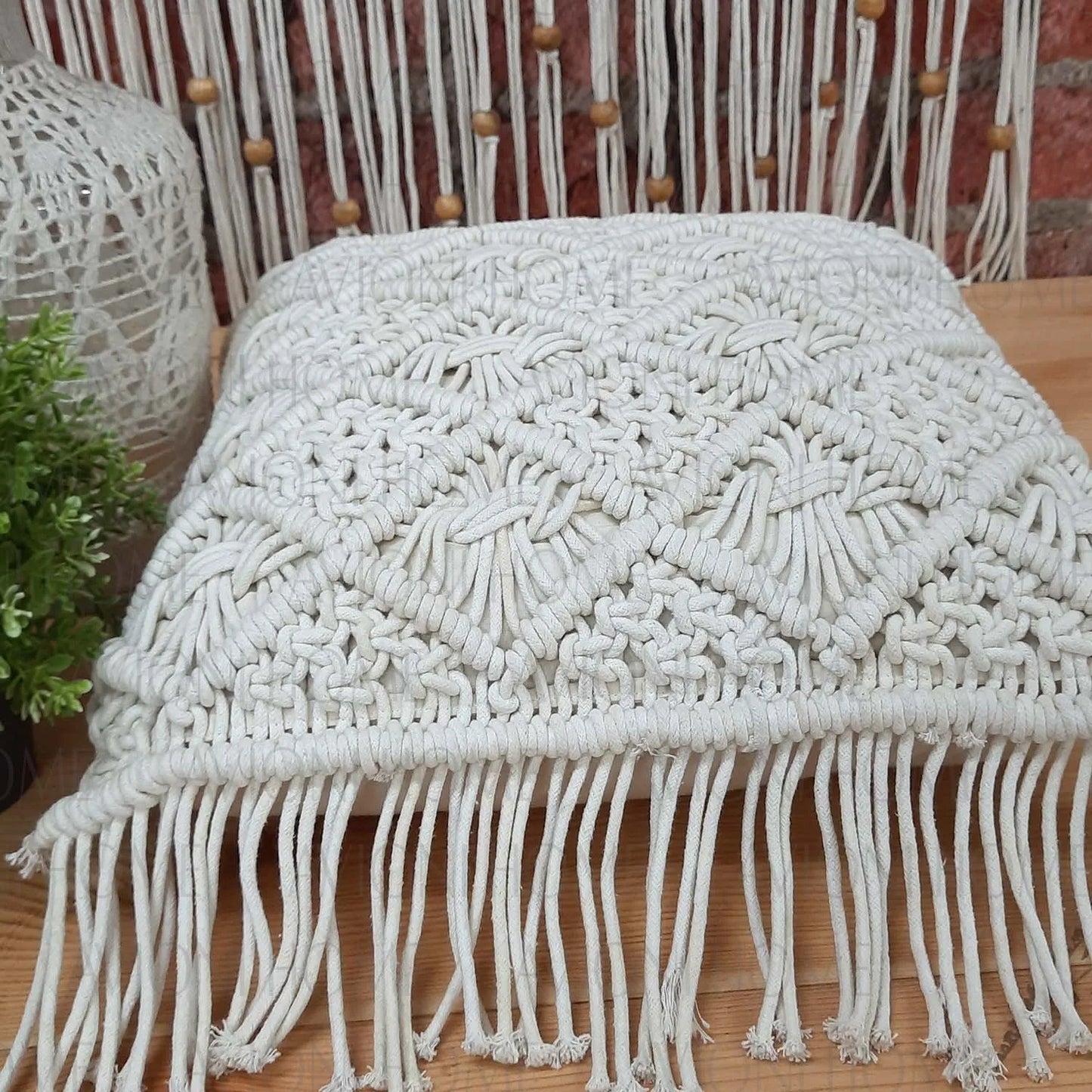 Bohemian Style Hand Knotted Macrame Cushion 100% Bleached Cotton With Filler- 18X18 Inch (45×45 cms)