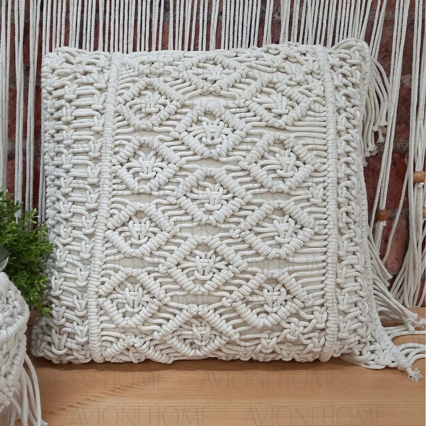 Bohemian Style Hand Knotted Macrame Cushion 100% Bleached Cotton With Filler- 18X18 Inch (45×45 cms)