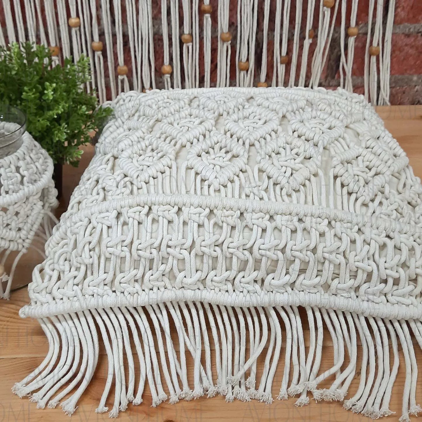 Bohemian Style Hand Knotted Macrame Cushion 100% Bleached Cotton With Filler- 18X18 Inch (45×45 cms)