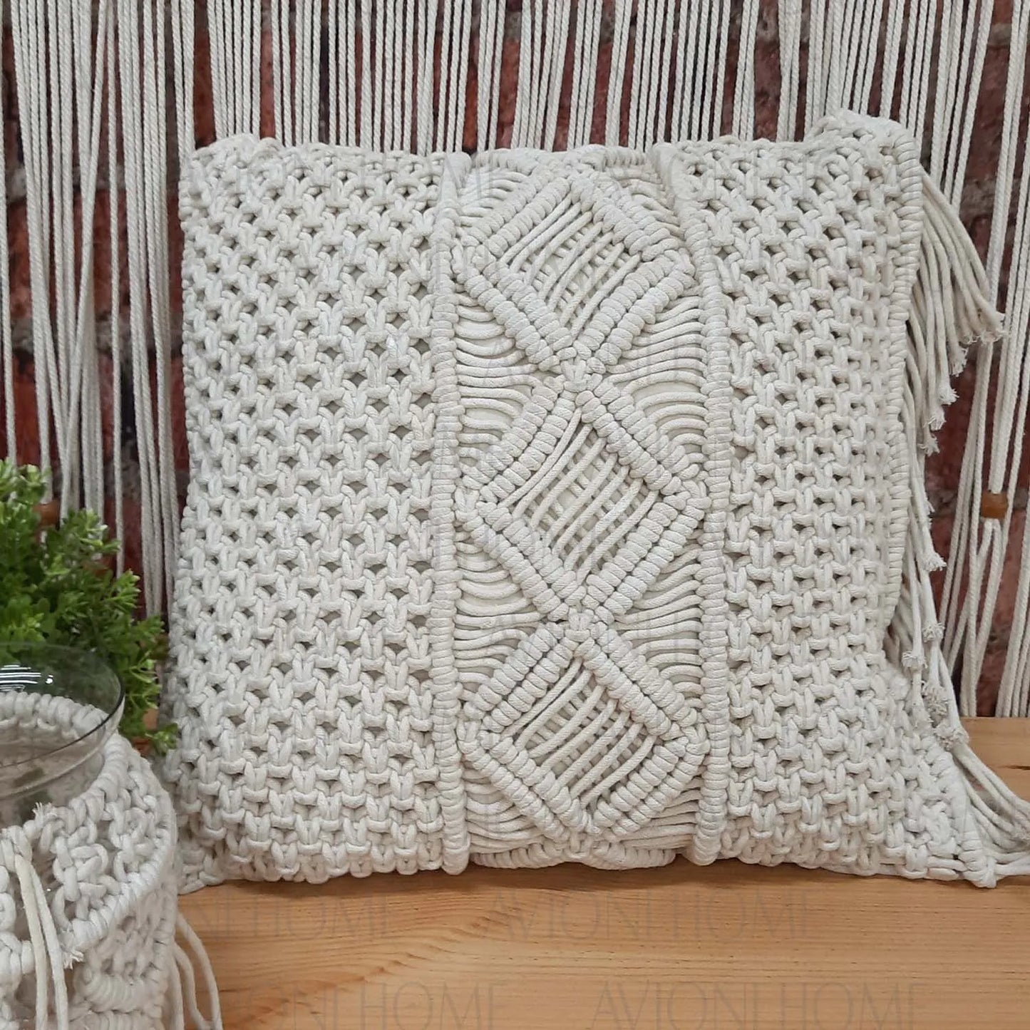 Bohemian Style Hand Knotted Macrame Cushion 100% Bleached Cotton With Filler- 18X18 Inch (45×45 cms)