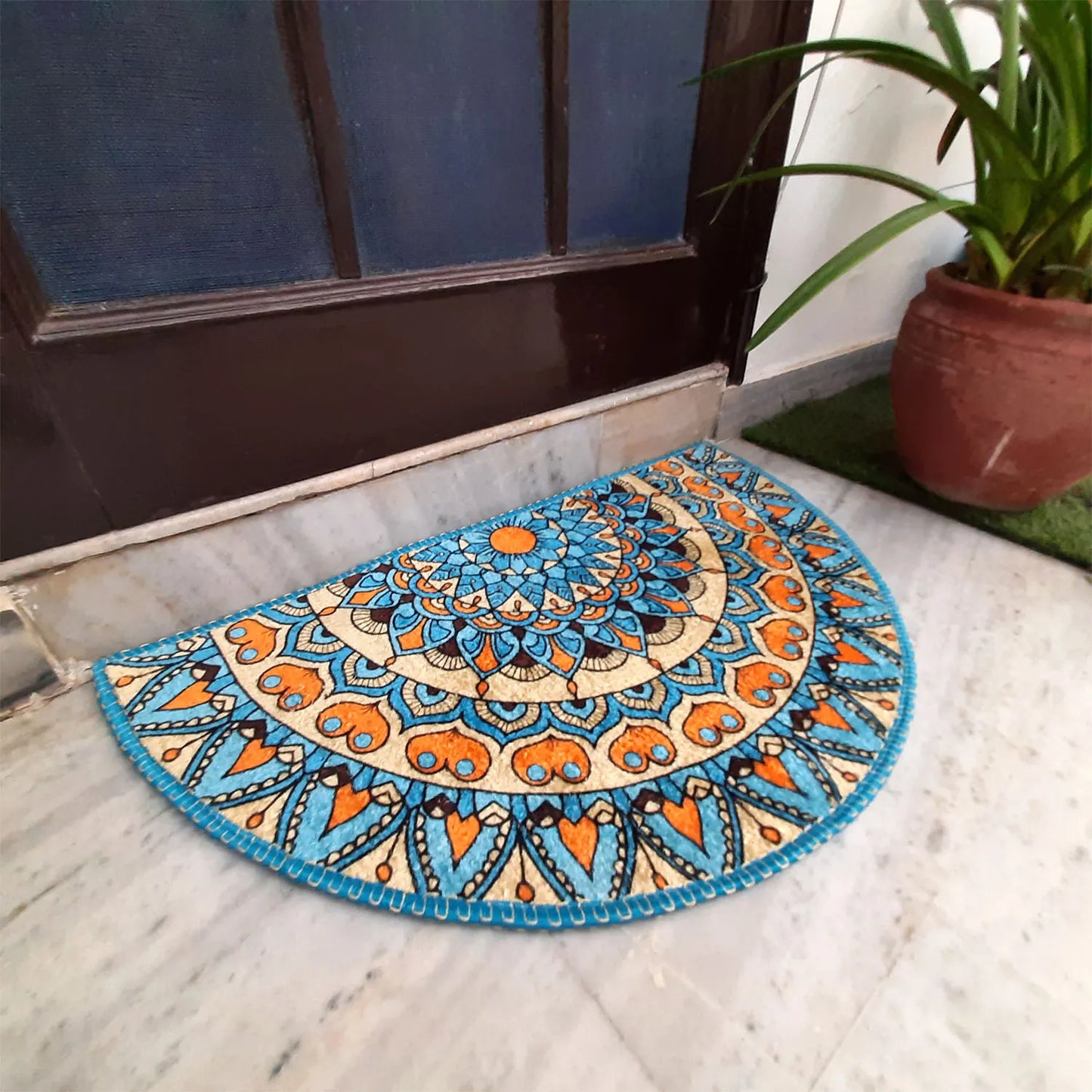 Avioni Home Floor Mats in Beautiful Blue Tone Rangoli Design – Anti Slip, Durable & Washable | Outdoor & Indoor