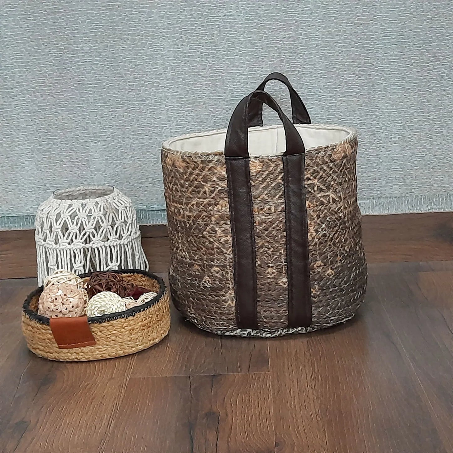 Avioni Home Hand Braided Dark Ethnic Pattern Jute Basket | Designer Leatherette Handles | Canvas Inner for Extra Strength | Size: 28 x30 cms (~11×12 inch)