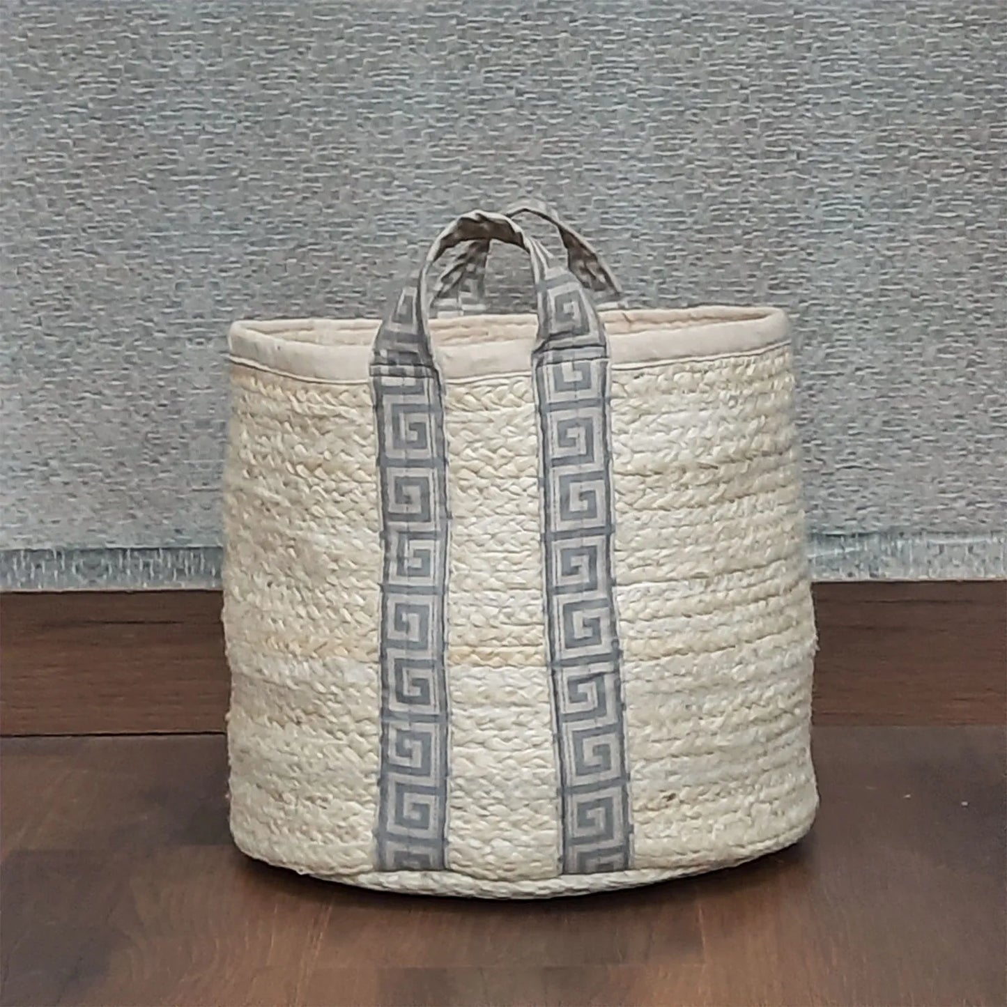 Avioni Home Hand Braided White Jute Basket | Designer Leatherette Handles | Canvas Inner for Extra Strength | Size: 28 x30 cms (~11×12 inch)