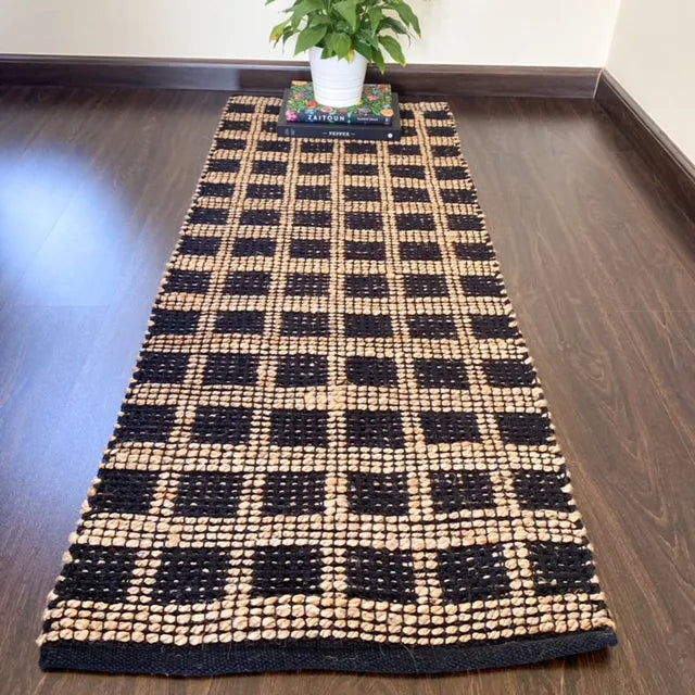 Avioni Home Eco Collection – Cotton & Jute Handwoven Square Pattern Mat – Great for Bedside or Hallway