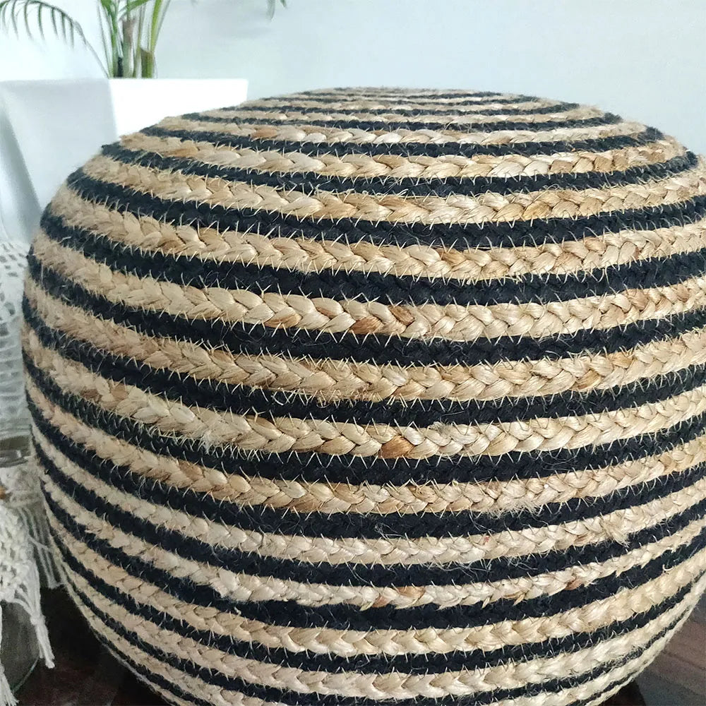 Avioni Home Eco Collection – Boho Style Braided Natural Jute and Black Pouf/Ottoman