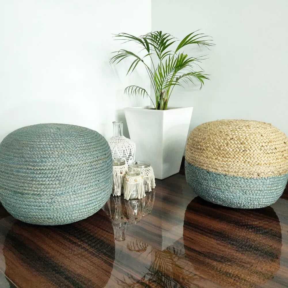 Avioni Home Boho Collection – Eco-friendly Braided Jute Pouf / Ottoman – Natural Jute With Steel Grey