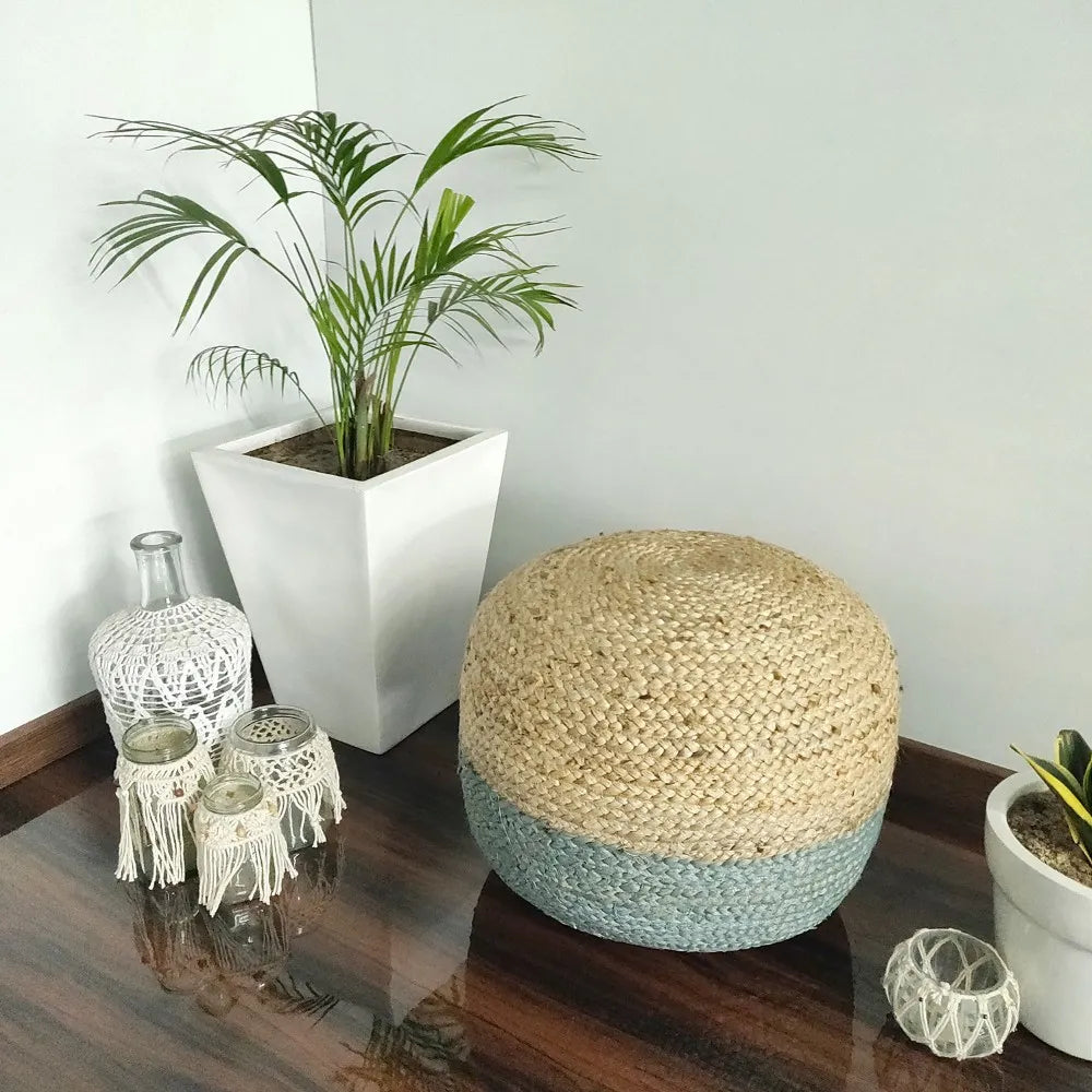 Avioni Home Boho Collection – Eco-friendly Braided Jute Pouf / Ottoman – Natural Jute With Steel Grey