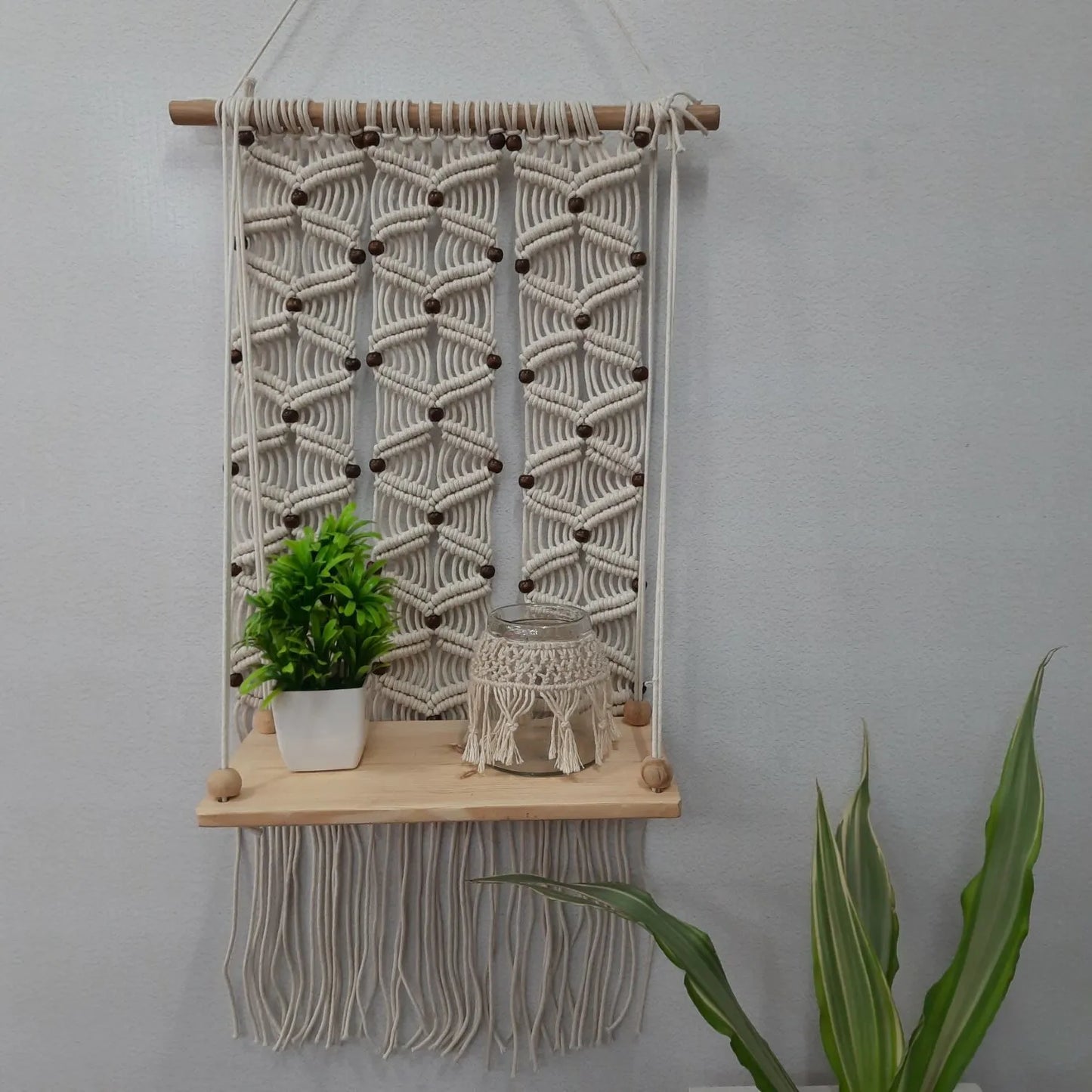 Avioni Home Boho Collection – Hand Knotted Macramé Hanging Single Shelf With Pine Wood Shelf