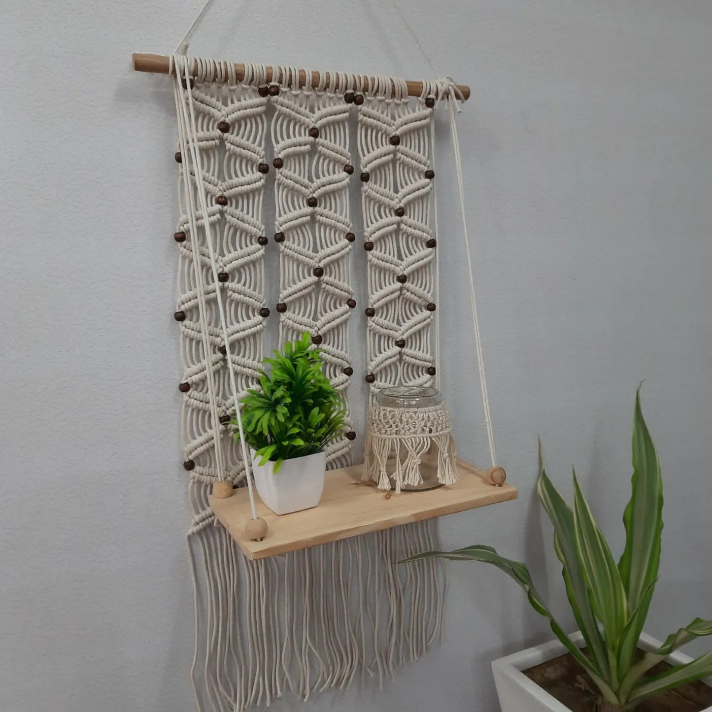 Avioni Home Boho Collection – Hand Knotted Macramé Hanging Single Shelf With Pine Wood Shelf