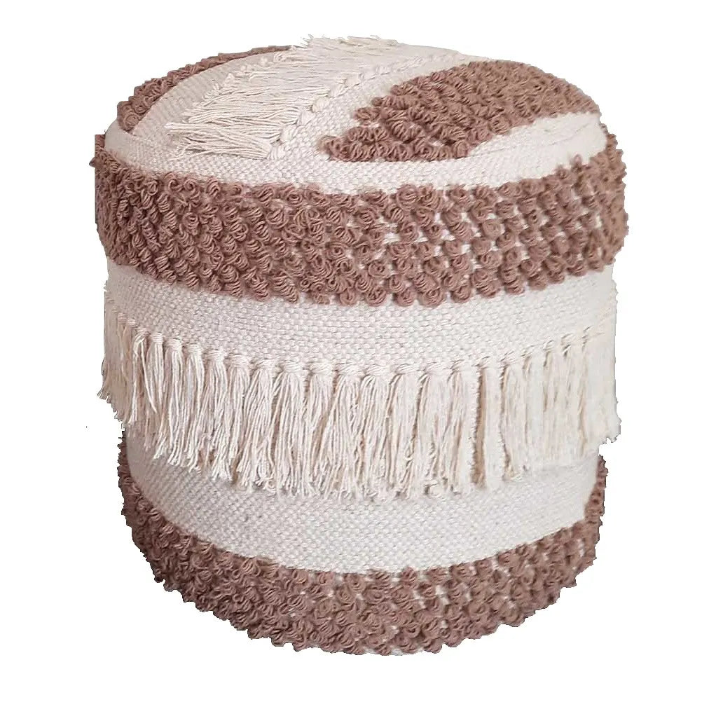 Avioni Home Boho Collection – Boho Drum Pouf – Brown & White With Braids and Tassels – 40cm x 40cm x 40cm