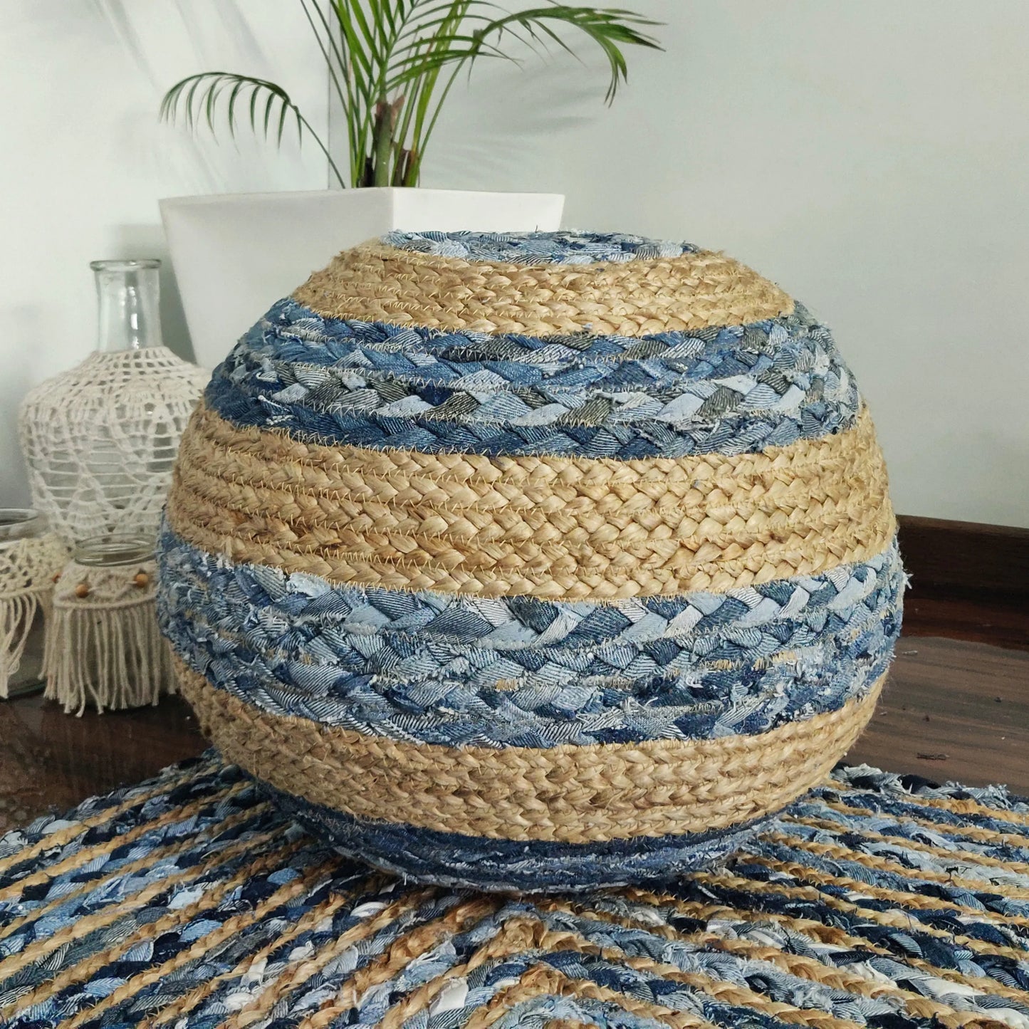 Avioni Home Eco Collection – Denim & Natural Jute Pouf – Large Bands