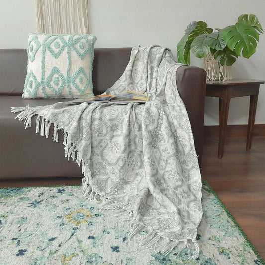 Avioni Home Beautiful Sofa Throw to Add Flair to Your Living Room: Green and Grey Double Design Virgin Premium Polyester Slub Soft Sofa Throw