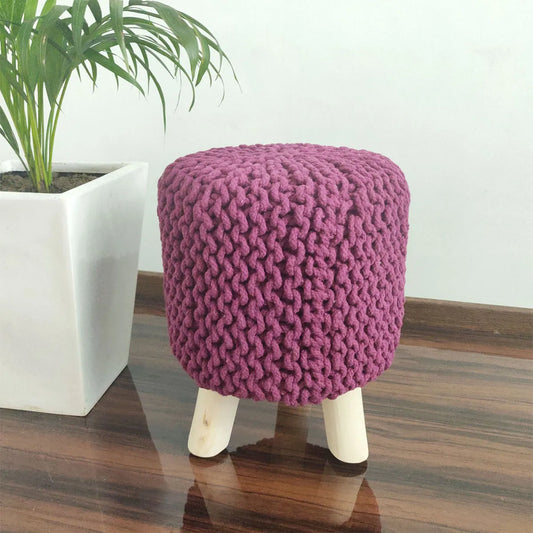 Avioni Home Luxury Collection – Hand Knotted Boho Look Stool / Ottoman (3 Legs-Natural Finish) – Medium Violet / Red