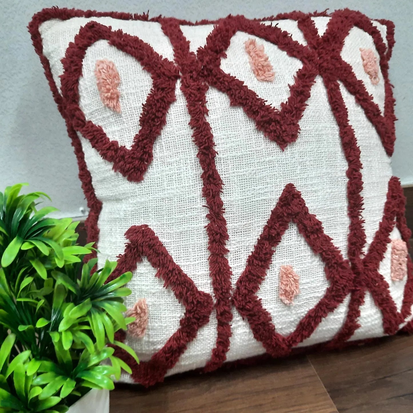 100% Slub Cotton Tufted Cushion Cover – FREE Filler included – Red Tufting – 45×45 cms
