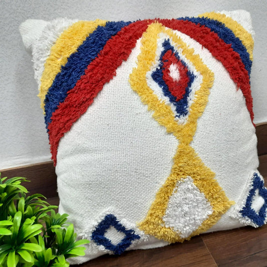Hand Tufted 100% Cotton Multicolor Cushion Cover – FREE High Quality Filler Included – 45x45cms