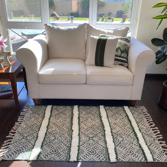 Avioni Home Boho Collection – Cotton Printed & Tufted Dhurrie / Rug – Green & Cream