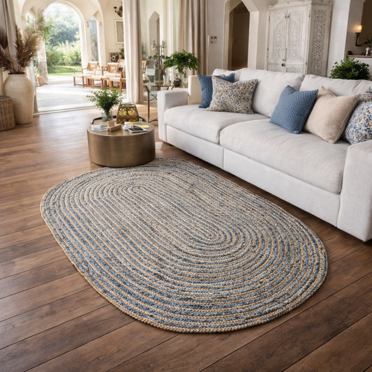 Avioni Home Eco Collection – Handbraided Denim and Jute Rug – Beautiful Oval Design