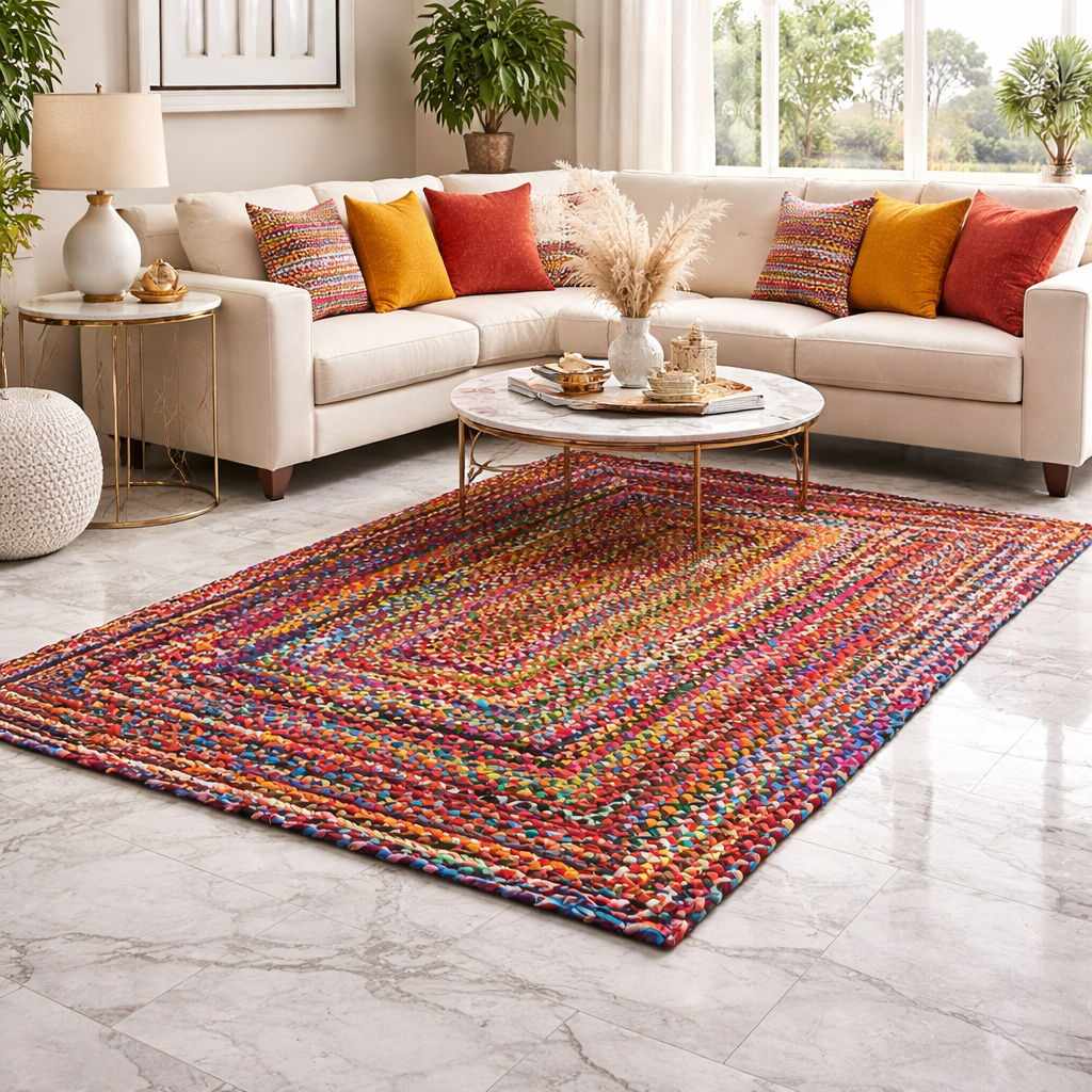 Avioni Home Premium Collection – Contemporary Braided Rag Rug – Colorful Cotton Chindi