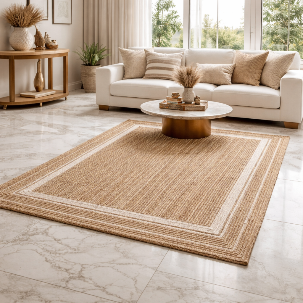 Avioni Home Eco Collection – Handwoven Braided Jute Carpet with White Borders – Handmade Natural Rug – Rectangle