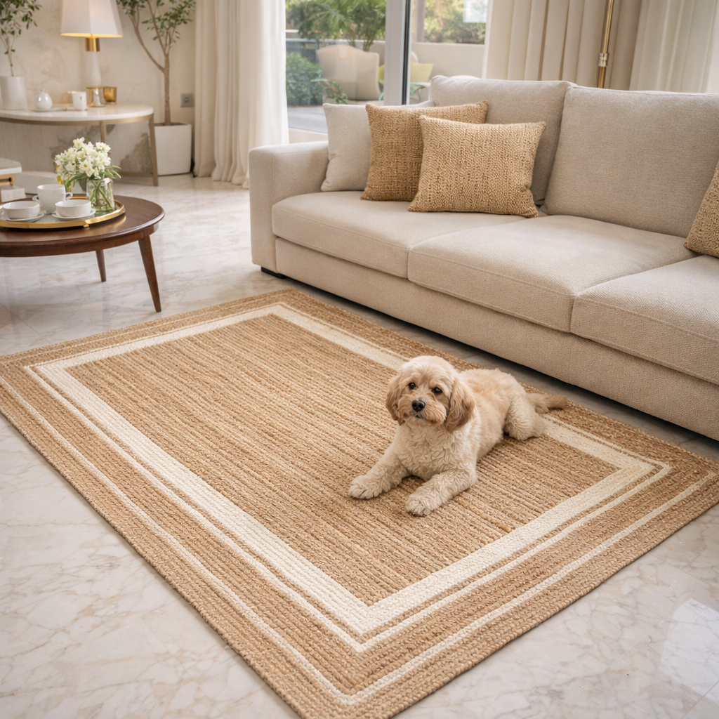 Avioni Home Eco Collection – Handwoven Braided Jute Carpet with White Borders – Handmade Natural Rug – Rectangle