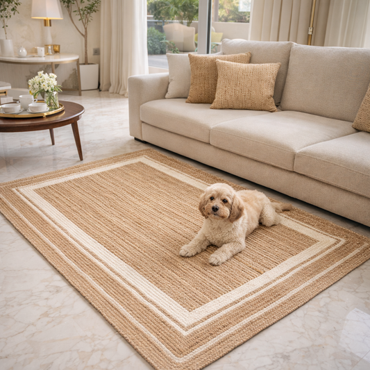 Avioni Home Eco Collection – Handwoven Braided Jute Carpet with White Borders – Handmade Natural Rug – Rectangle