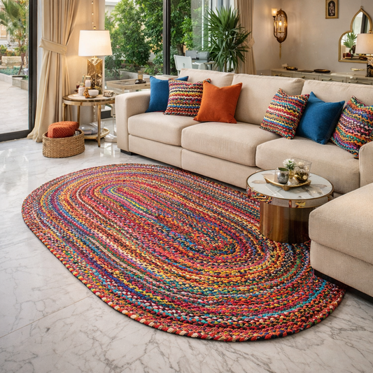 Avioni Home Eco Collection – Handbraided Chindi Rag Rug – Colorful Oval Design