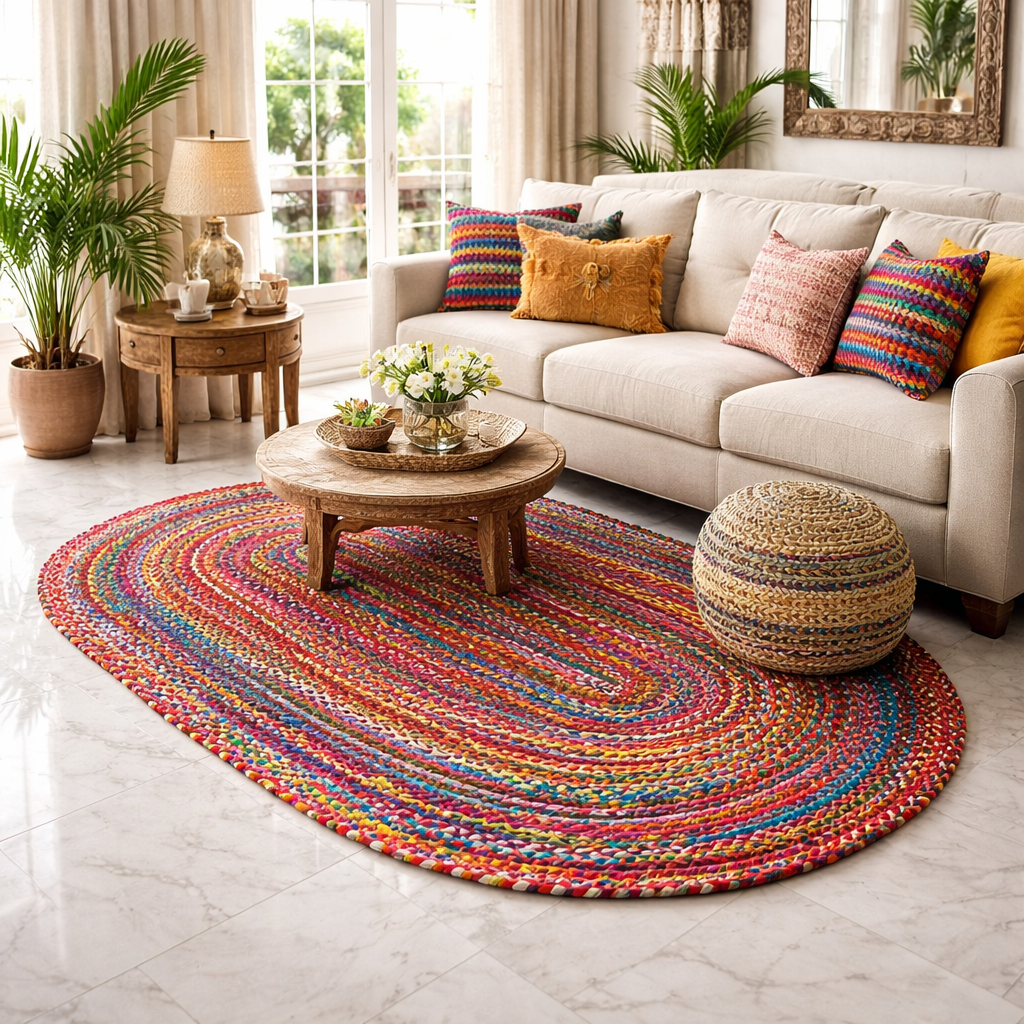 Avioni Home Eco Collection – Handbraided Chindi Rag Rug – Colorful Oval Design
