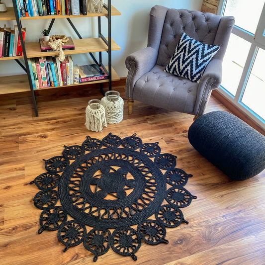 Avioni Home Contemporary Collection – Eco-friendly Black Dyed Natural Jute Handmade Braided Area Rug – Temple Design