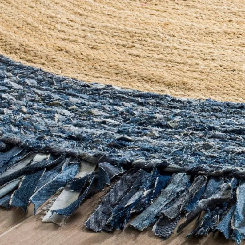Avioni Home Eco Collection – Round Denim & Jute Designer Carpet – Handmade Braided Area Rugs