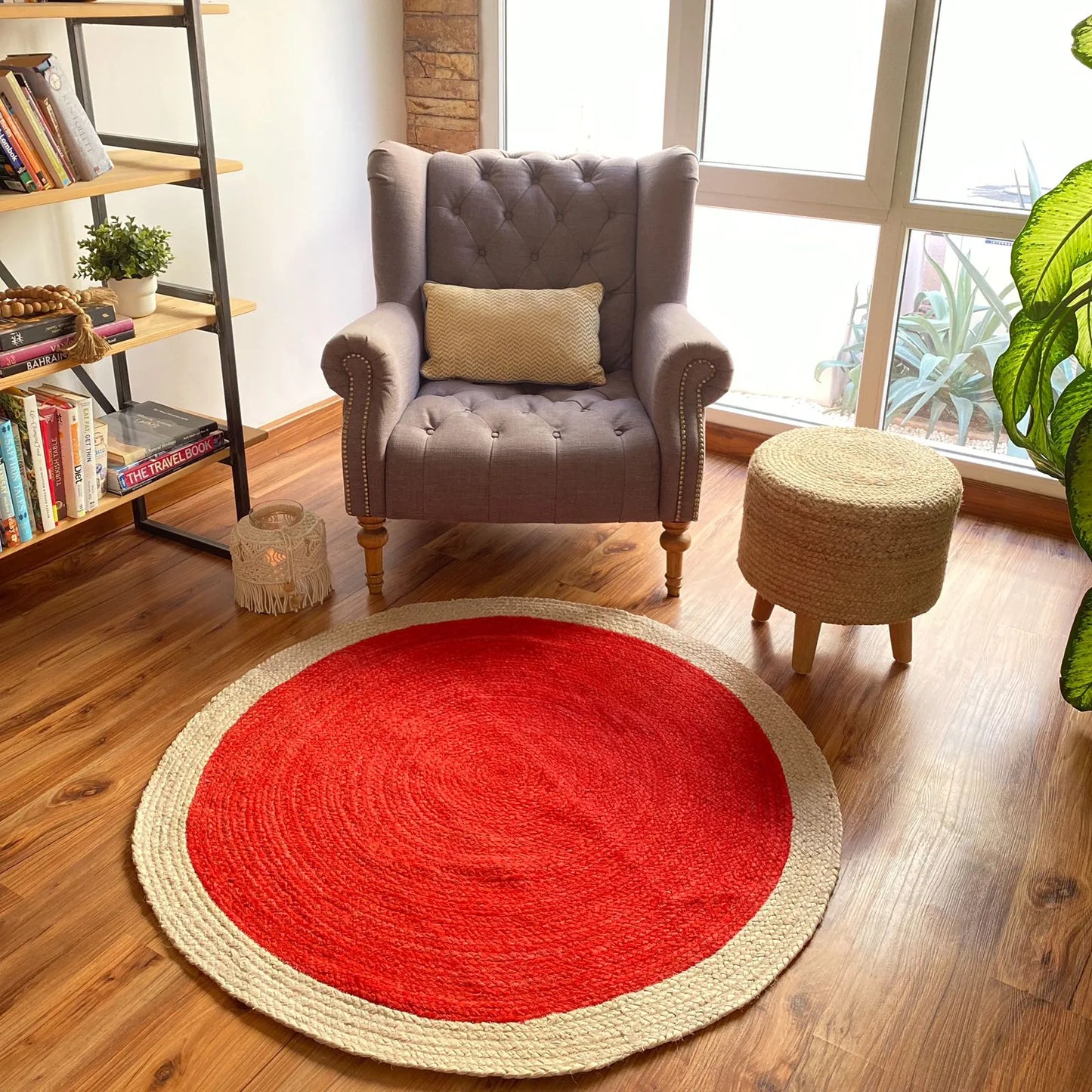 Avioni Home Eco Collection – Handmade Jute Round Rug – Red Center with Natural Jute Border