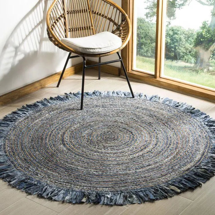 Avioni Home Premium Carpet Collection – Denim / Jeans & Jute Handmade Braided Round Rug With Tassels